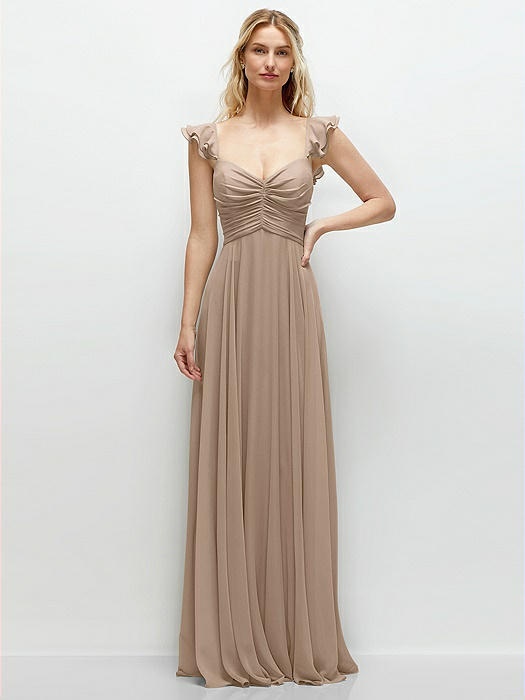Convertible Ruffle Strap Chiffon Maxi Dress with Full Circle Skirt
