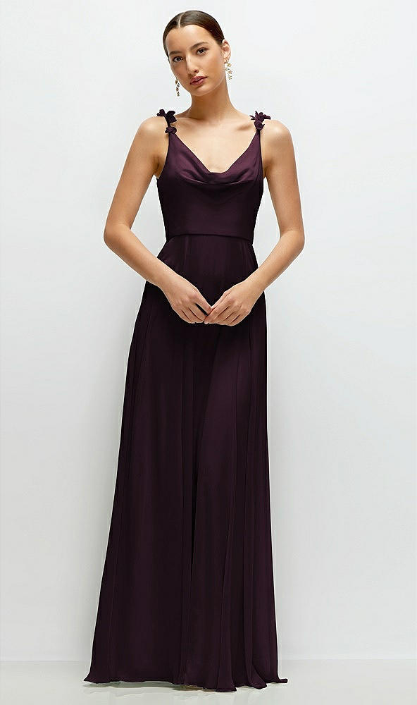 Front View - Deep Plum Cowl Neck Chiffon Maxi Dress with Hand-Worked Petal Straps