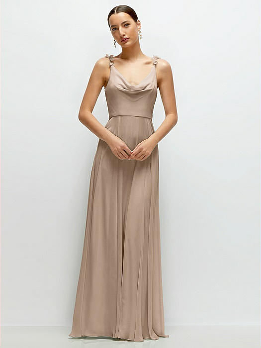 Cowl Neck Chiffon Maxi Dress with Hand-Worked Petal Straps