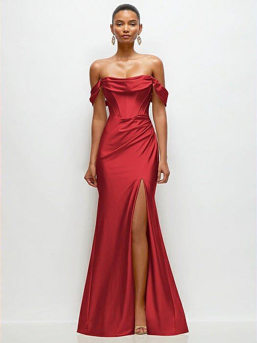 Cowl Neck Off-the-Shoulder Stretch Satin Fit and Flare Corset Maxi Dress