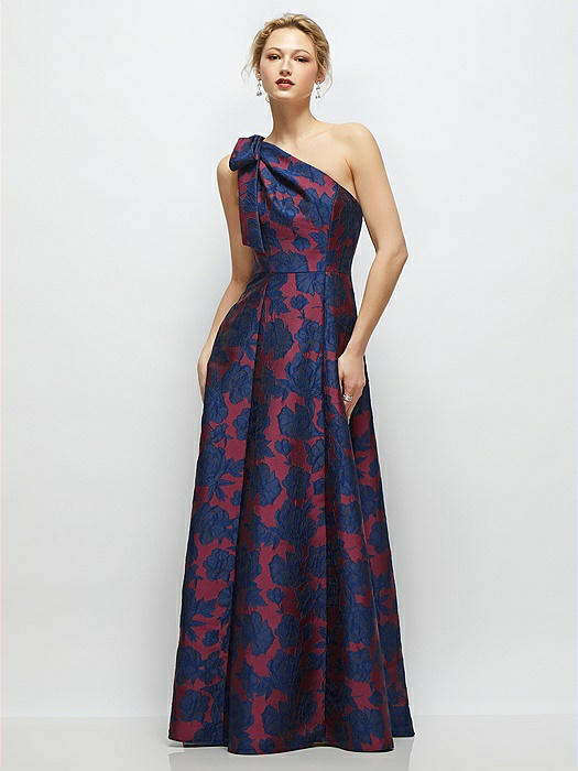 Bow One-Shoulder Full A-Line Heritage Floral Jacquard Maxi Dress