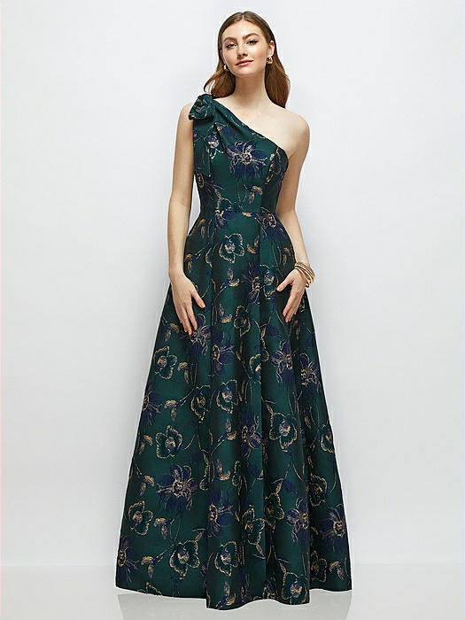 Bow One-Shoulder Full A-Line Oscar Metallic Floral Jacquard Maxi Dress