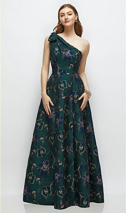 Bow One-shoulder Full A-line Oscar Metallic Floral Jacquard