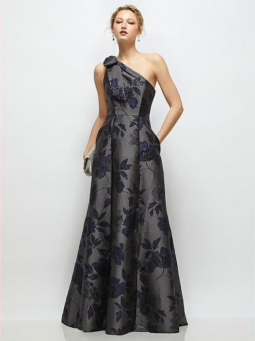 Bow One-Shoulder Full A-Line Noir Garden Metallic Jacquard Maxi Dress