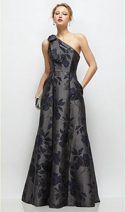 Bow One-shoulder Full A-line Noir Garden Metallic Jacquard Maxi