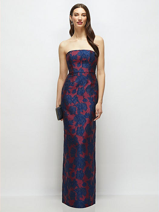 Strapless Heritage Floral Jacquard Column Dress with Back Slit