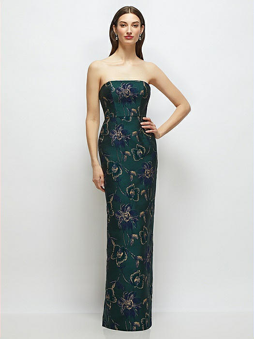 Strapless Oscar Metallic Floral Jacquard Column Dress with Back Slit
