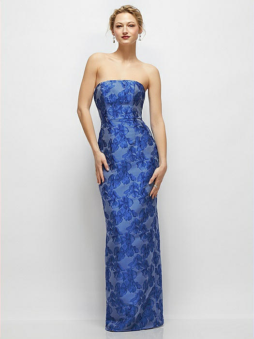 Strapless Cobalt Floral Metallic Jacquard Column Dress with Back Slit
