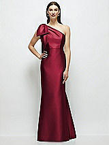 Side View Thumbnail - Burgundy Bow One-Shoulder Satin Maxi Dress with Trumpet Skirt