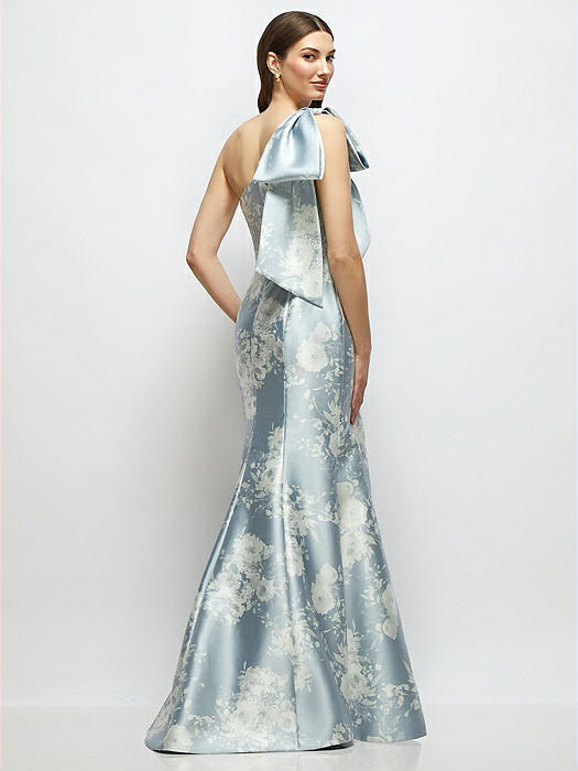 Bow One-Shoulder Satin Floral Maxi Dress with Trumpet Skirt