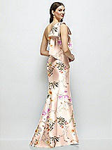 Front View Thumbnail - Butterfly Botanica Pink Sand Bow One-Shoulder Satin Floral Maxi Dress with Trumpet Skirt