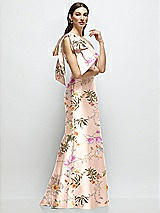 Side View Thumbnail - Butterfly Botanica Pink Sand Bow One-Shoulder Satin Floral Maxi Dress with Trumpet Skirt