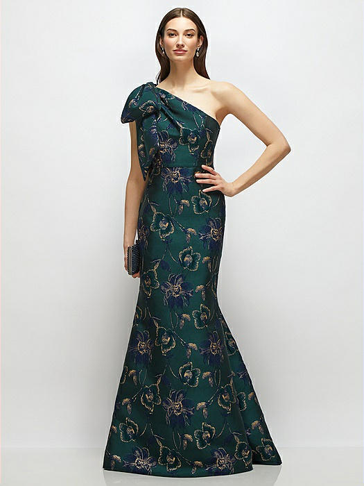 Bow One-Shoulder Oscar Metallic Floral Jacquard Trumpet Maxi Dress