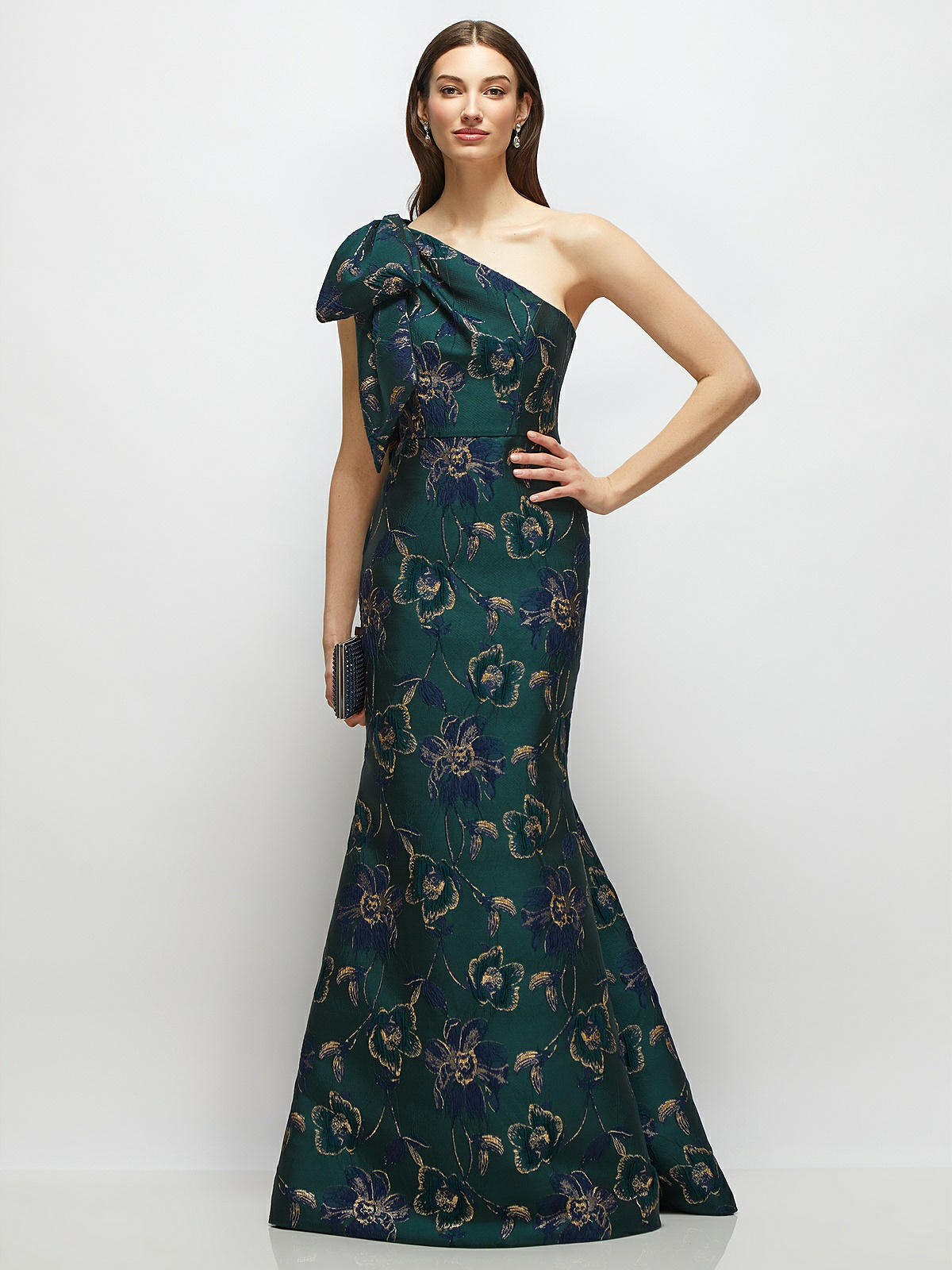 Bow One-shoulder Oscar Metallic Floral Jacquard Trumpet Maxi