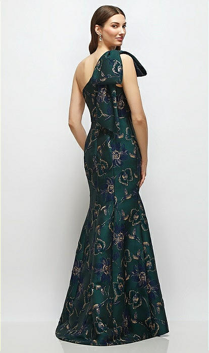 Bow One-shoulder Oscar Metallic Floral Jacquard Trumpet Maxi