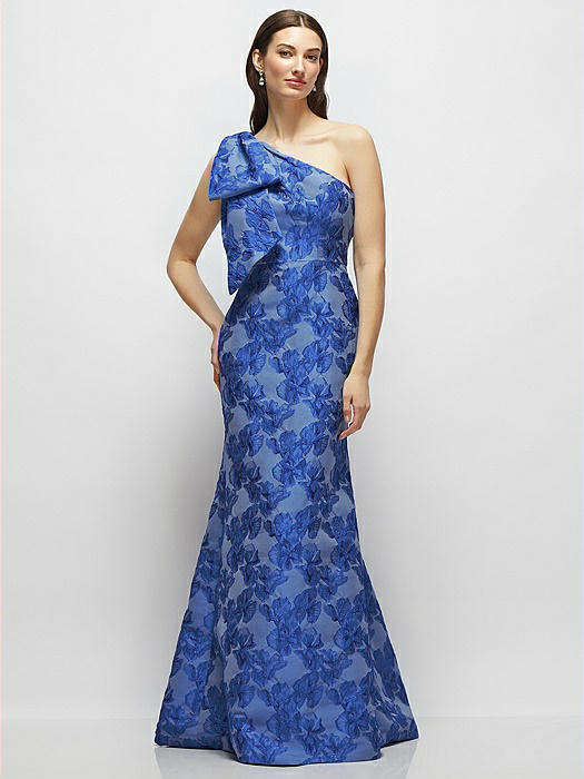 Bow One-Shoulder Cobalt Floral Metallic Jacquard Trumpet Maxi Dress
