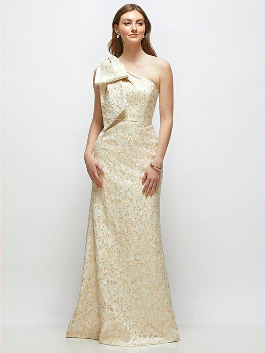 Bow One-Shoulder Champagne Brocade Maxi Dress with Trumpet Skirt