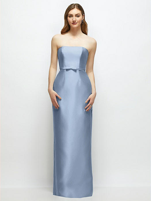 Strapless Satin Column Dress with Bow-Trimmed Skinny Belt