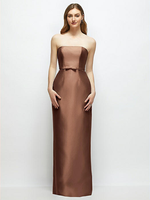 Strapless Satin Column Dress with Bow-Trimmed Skinny Belt