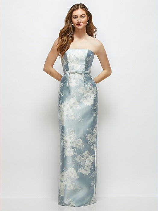 Floral Strapless Satin Column Dress with Bow-Trimmed Skinny Belt