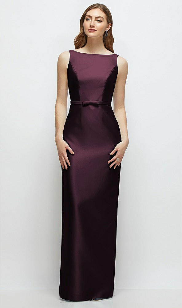 Front View - Deep Plum Bateau Neck Satin Column Dress with Bow-Trimmed Skinny Belt