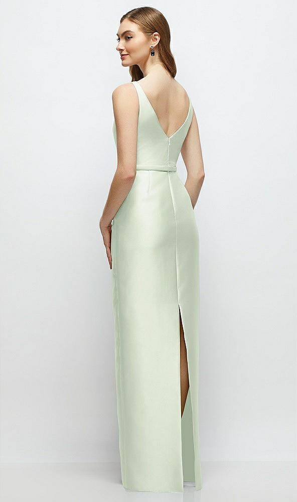 Back View - Mint Green Bateau Neck Satin Column Dress with Bow-Trimmed Skinny Belt