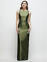 Front View Thumbnail - Olive Green Bateau Neck Satin Column Dress with Bow-Trimmed Skinny Belt