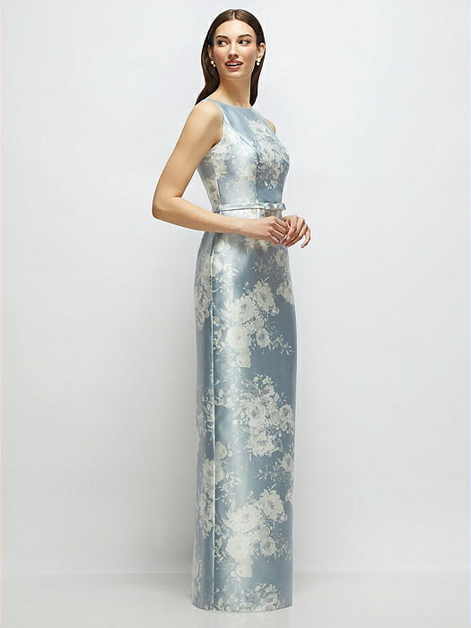 Floral Bateau Neck Satin Column Dress with Bow-Trimmed Skinny Belt