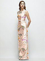 Front View Thumbnail - Butterfly Botanica Pink Sand Floral Bateau Neck Satin Column Dress with Bow-Trimmed Skinny Belt