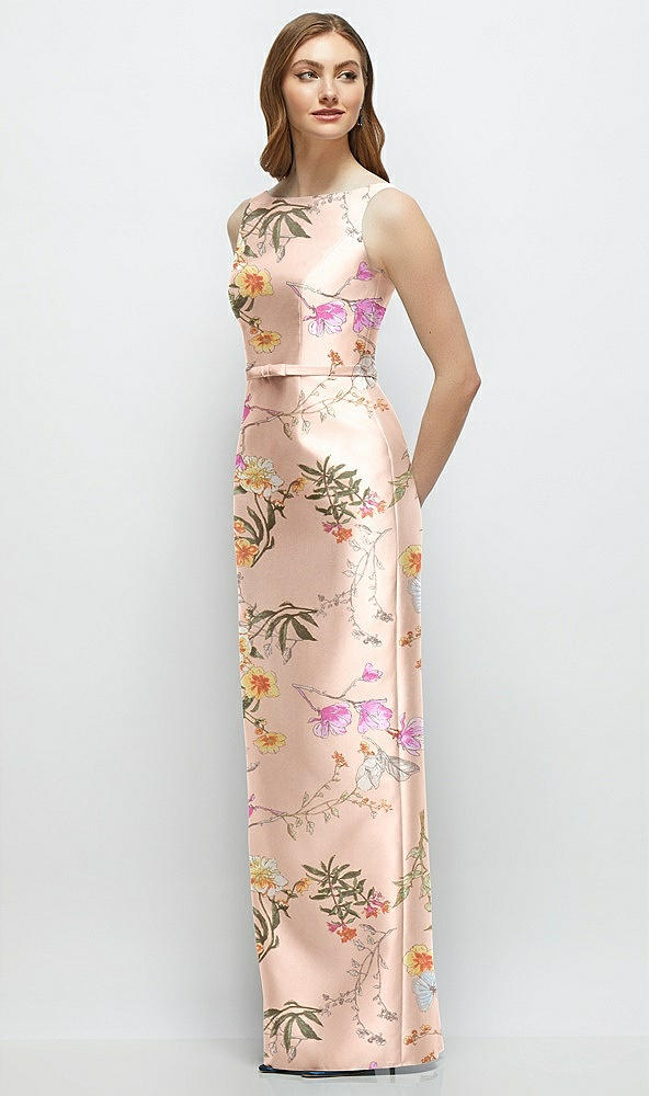 Front View - Butterfly Botanica Pink Sand Floral Bateau Neck Satin Column Dress with Bow-Trimmed Skinny Belt