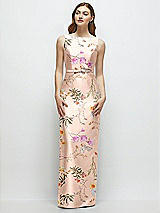 Side View Thumbnail - Butterfly Botanica Pink Sand Floral Bateau Neck Satin Column Dress with Bow-Trimmed Skinny Belt