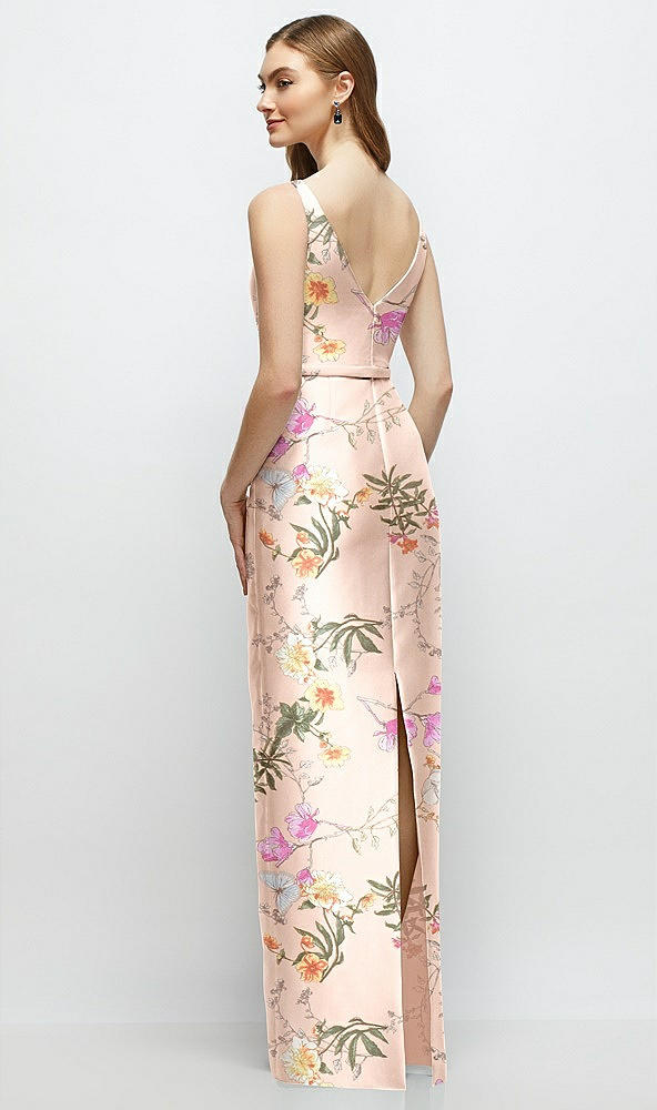 Back View - Butterfly Botanica Pink Sand Floral Bateau Neck Satin Column Dress with Bow-Trimmed Skinny Belt