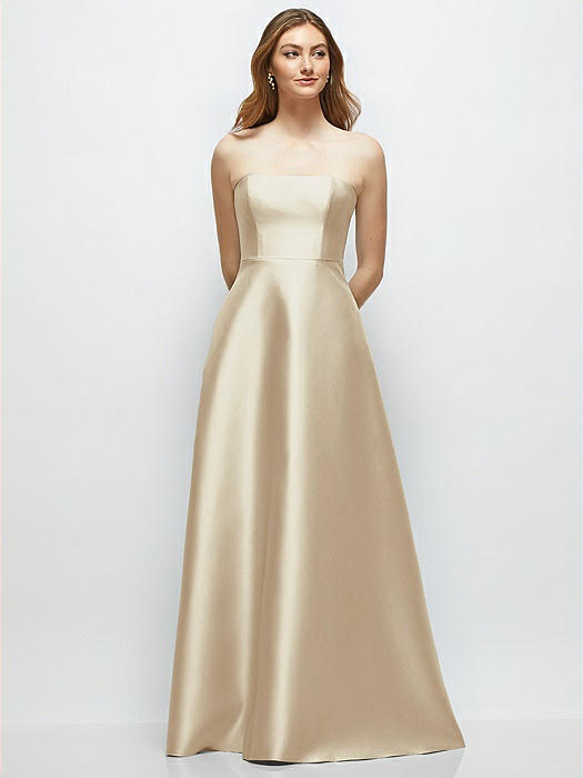 Strapless Satin Gown with Full Skirt and Covered Buttons at Back