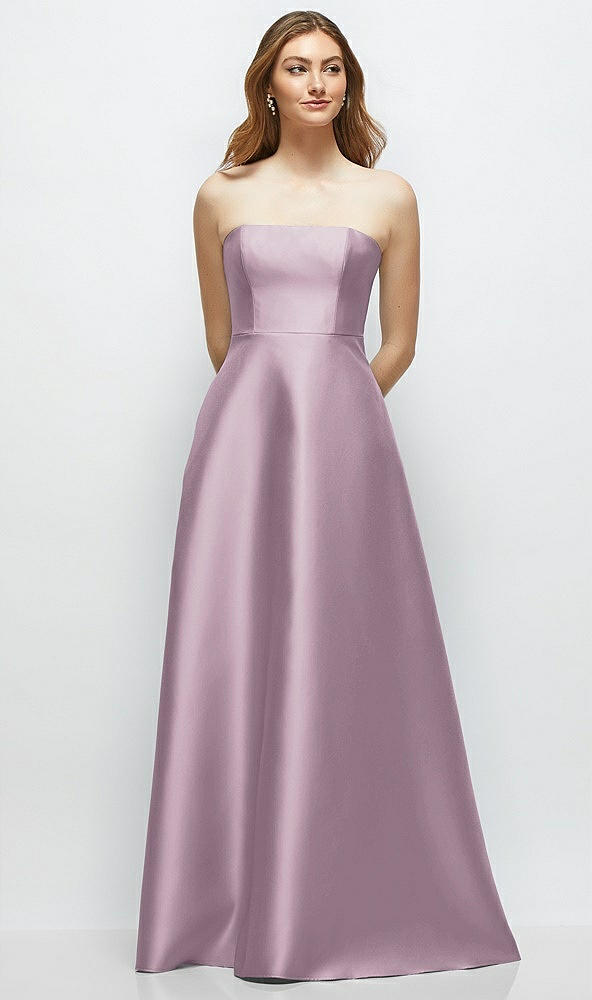 Front View - Suede Rose Strapless Satin Gown with Full Skirt and Covered Buttons at Back