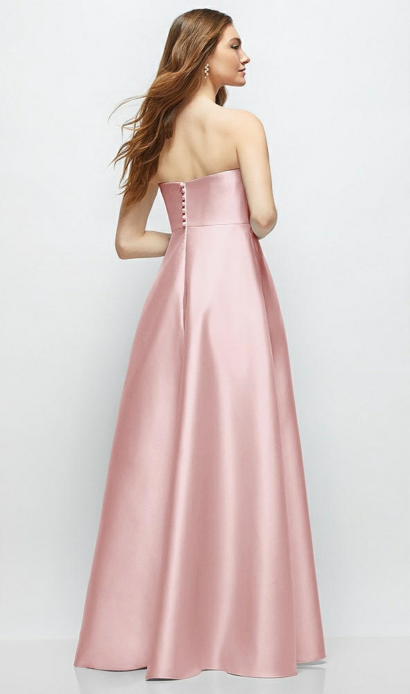 Back View - Ballet Pink Strapless Satin Gown with Full Skirt and Covered Buttons at Back