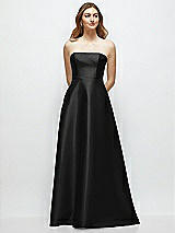 Front View Thumbnail - Black Strapless Satin Gown with Full Skirt and Covered Buttons at Back