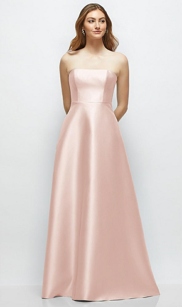 Front View - Blush Strapless Satin Gown with Full Skirt and Covered Buttons at Back