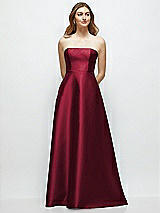 Front View Thumbnail - Burgundy Strapless Satin Gown with Full Skirt and Covered Buttons at Back
