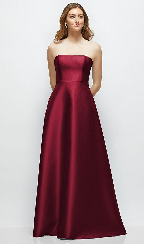 Front View - Burgundy Strapless Satin Gown with Full Skirt and Covered Buttons at Back