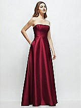 Side View Thumbnail - Burgundy Strapless Satin Gown with Full Skirt and Covered Buttons at Back
