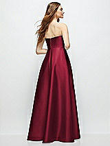 Rear View Thumbnail - Burgundy Strapless Satin Gown with Full Skirt and Covered Buttons at Back