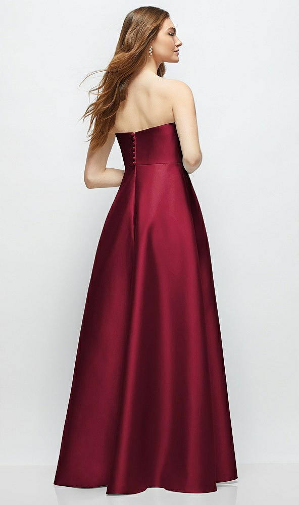 Back View - Burgundy Strapless Satin Gown with Full Skirt and Covered Buttons at Back