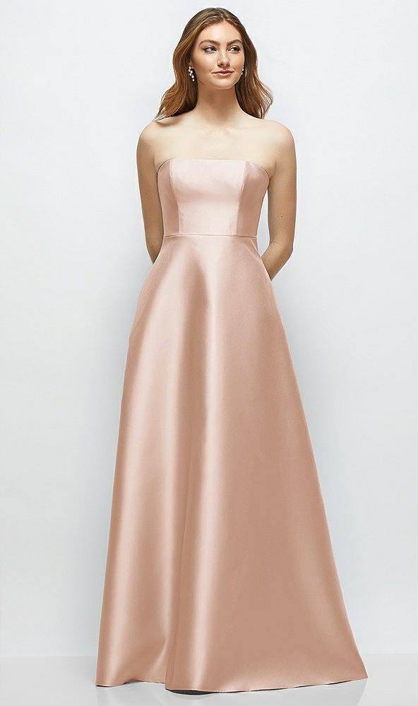 Front View - Cameo Strapless Satin Gown with Full Skirt and Covered Buttons at Back