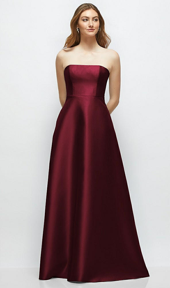 Front View - Cabernet Strapless Satin Gown with Full Skirt and Covered Buttons at Back