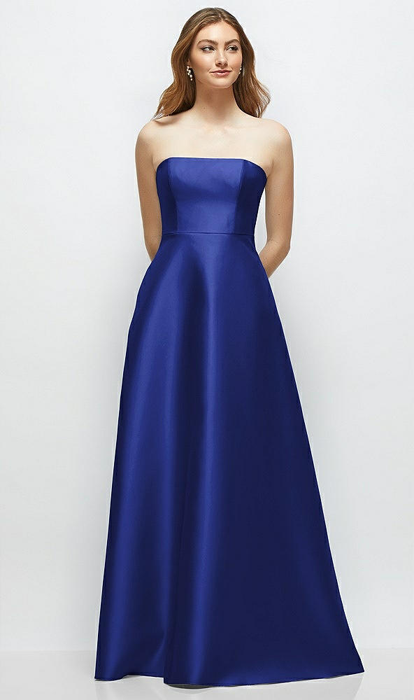 Front View - Cobalt Blue Strapless Satin Gown with Full Skirt and Covered Buttons at Back