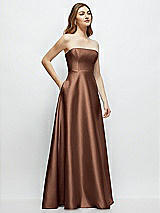 Side View Thumbnail - Cognac Strapless Satin Gown with Full Skirt and Covered Buttons at Back