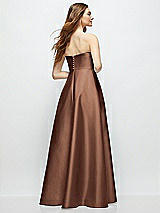 Rear View Thumbnail - Cognac Strapless Satin Gown with Full Skirt and Covered Buttons at Back