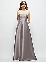 Front View Thumbnail - Cashmere Gray Strapless Satin Gown with Full Skirt and Covered Buttons at Back