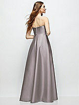 Rear View Thumbnail - Cashmere Gray Strapless Satin Gown with Full Skirt and Covered Buttons at Back