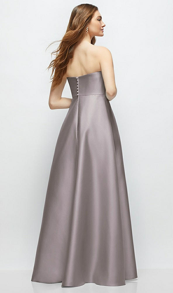 Back View - Cashmere Gray Strapless Satin Gown with Full Skirt and Covered Buttons at Back